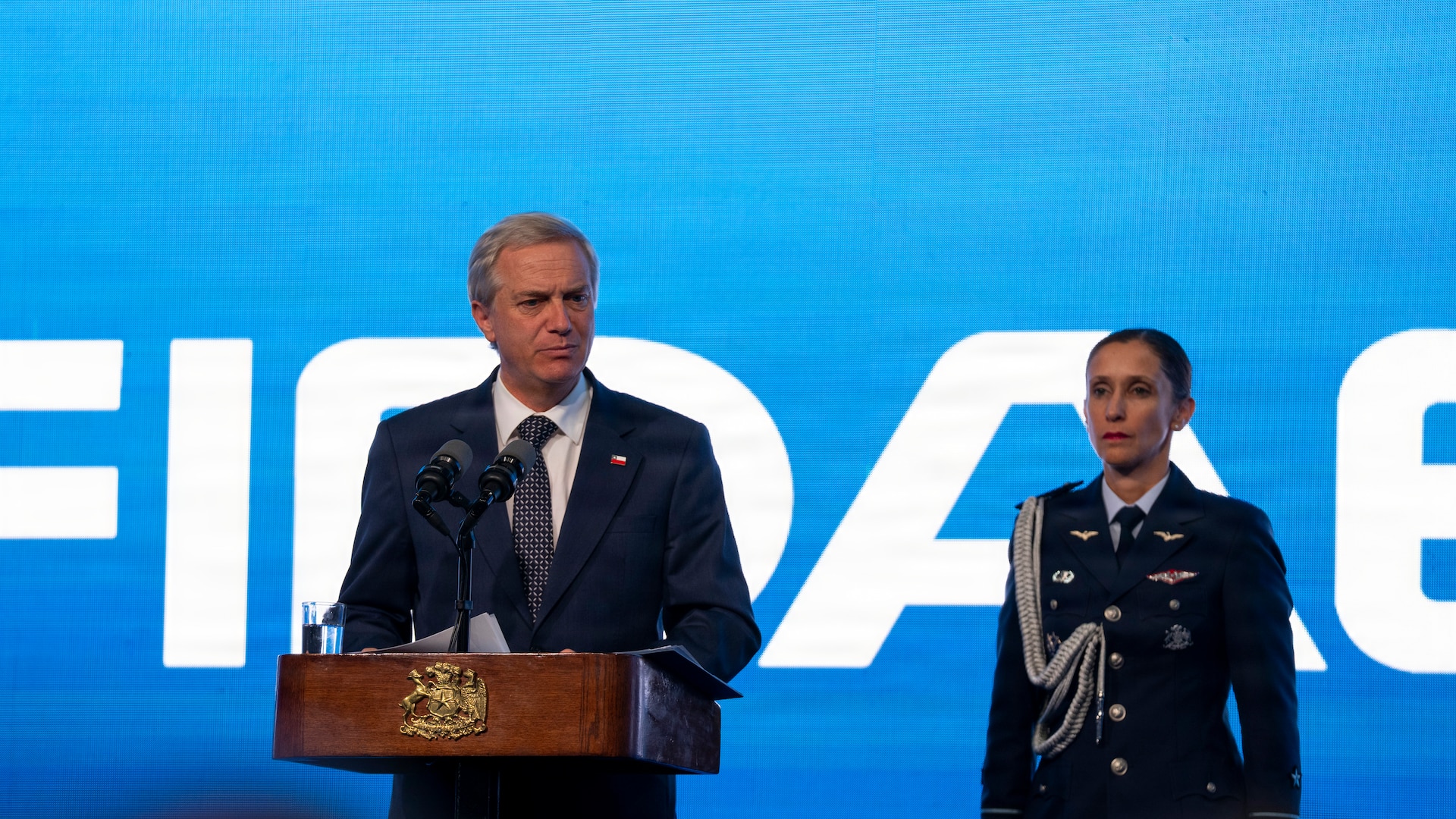 President of the Republic of Chile José Antiono Kast delivers remarks during the Feria Internacional del Aire y del Espacio (FIDAE) 2026 in Santiago, Chile, April 7, 2026. The remarks emphasized Chile’s role as a regional leader in air and space collaboration and reinforced the importance of enduring international partnerships across Latin America’s largest air, space and defense exhibition. (U.S. Air Force photo by Andrea Jenkins)