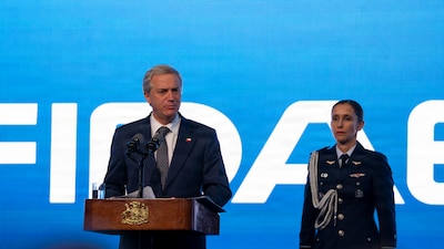 President of the Republic of Chile José Antiono Kast delivers remarks during the Feria Internacional del Aire y del Espacio (FIDAE) 2026 in Santiago, Chile, April 7, 2026. The remarks emphasized Chile’s role as a regional leader in air and space collaboration and reinforced the importance of enduring international partnerships across Latin America’s largest air, space and defense exhibition. (U.S. Air Force photo by Andrea Jenkins)