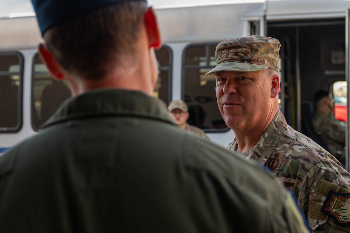 U.S. Air Force Gen. S.L. Davis, commander of Air Force Global Strike Command, arrives at the 28th Bomb Squadron for a B-1B Lancer simulator orientation while touring Dyess Air Force Base, Texas, March 30, 2026. The visit immersed Davis in active training operations to further understand how the 7th Bomb Wing delivers credible and decisive combat power anywhere in the world. (U.S. Air Force photo by Airman 1st Class William Neal)