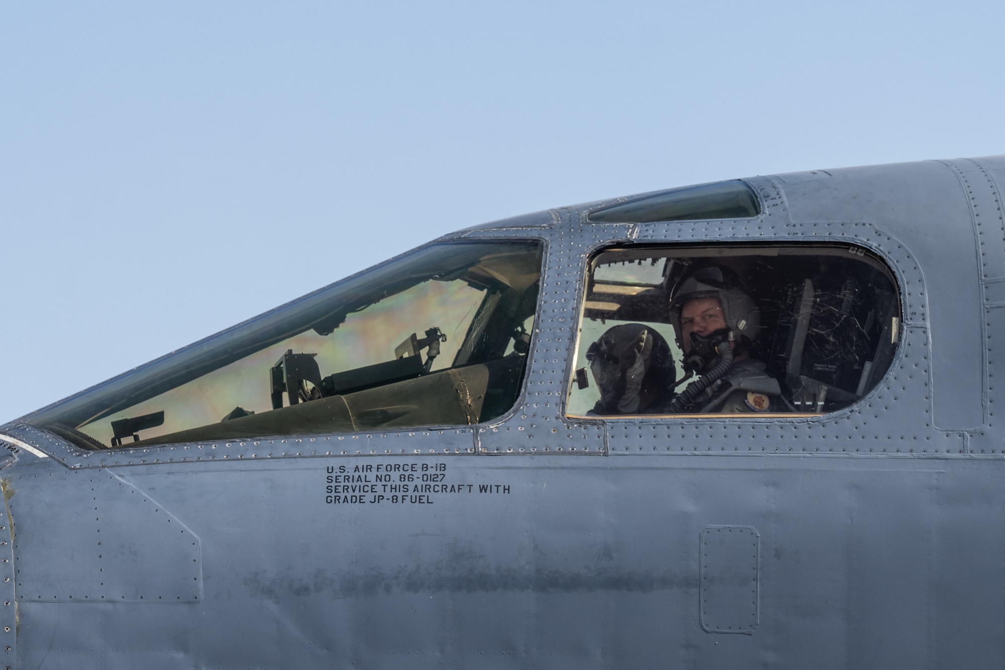 U.S. Air Force Gen. S.L. Davis, commander of Air Force Global Strike Command, prepares to take off on a flight aboard a B-1B Lancer at Dyess Air Force Base, Texas, March 31, 2026. The B-1’s large payload, modern radar targeting system, long loiter time and survivability make it a key element of any joint or composite strike force. (U.S. Air Force Photo by Airman 1st Class Caleb Schellenberg)