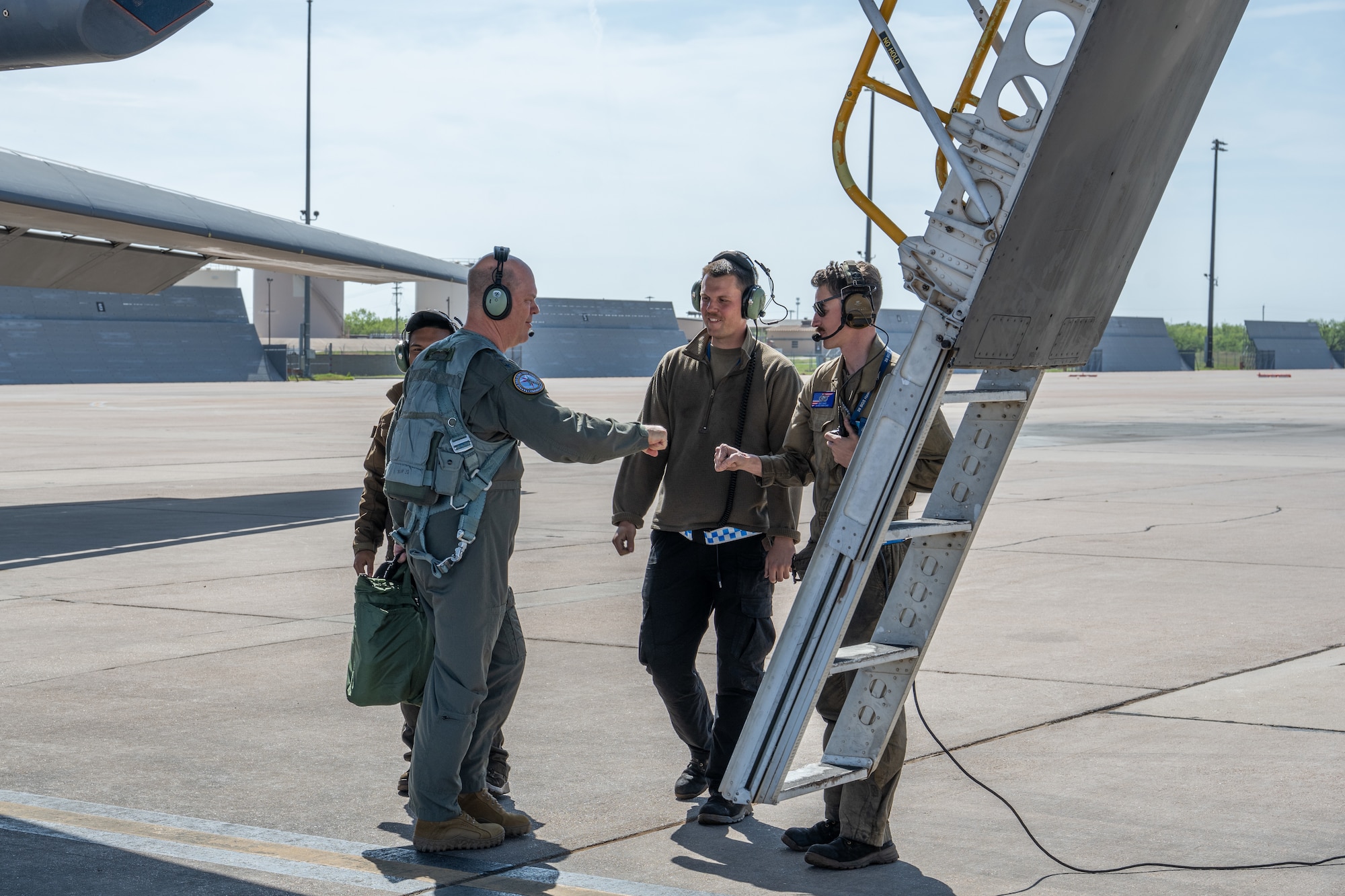 U.S. Air Force Gen. S.L. Davis, commander of Air Force Global Strike Command, greets Airmen assigned to the 7th Bomb Wing at Dyess Air Force Base, Texas, March 31, 2026. Davis spent three days meeting with Dyess Airmen and was immersed in the 7th BW long-range strike mission. (U.S. Air Force Photo by Airman 1st Class Caleb Schellenberg)
