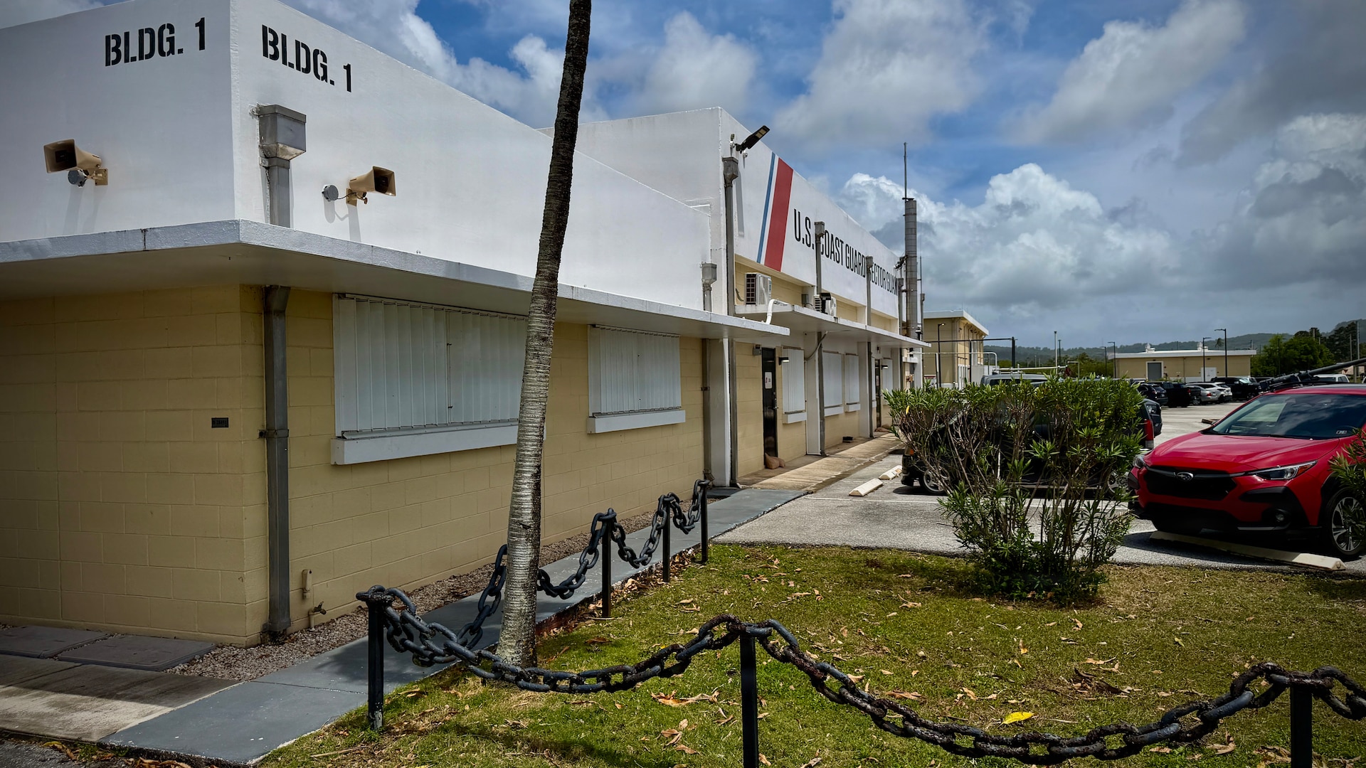 Members of U.S. Coast Guard Base Guam prepare the unit for heavy weather on April 10, 2026, ahead of storm Sinlaku. The U.S. Coast Guard is coordinating with the National Weather Service, Guam Homeland Security/Office of Civil Defense, Commonwealth of the Northern Mariana Islands Office of Homeland Security and Emergency Management, and local and federal partners as part of a unified One Marianas response. (U.S. Coast Guard photo by Chief Warrant Officer Sara Muir)