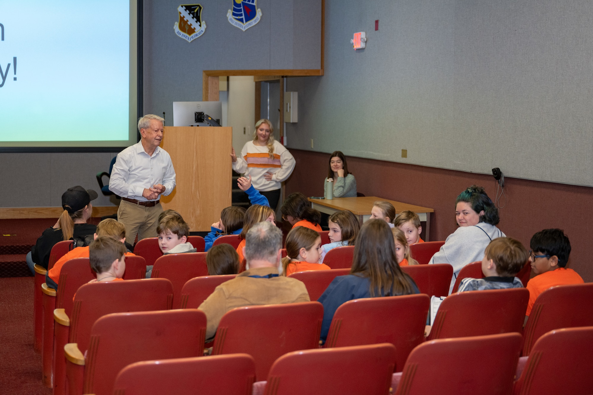 AEDC Technical Management Branch Chief at Arnold Air Force Base Mike Dent speaks to fourth grade students from Hickerson Elementary about his daily responsibilities at Arnold Air Force Base. The student’s trip to Arnold was to gather information about the base for their first ever Meet the Heroes: Community Partner Hall of Fame event that was held, April 6, 2026, at the school. The event featured the school’s students hosting interactive booths where they gave briefs about the organizations that they had toured previous to the presentation.
(U.S. Air Force photo by Keith Thornburgh)