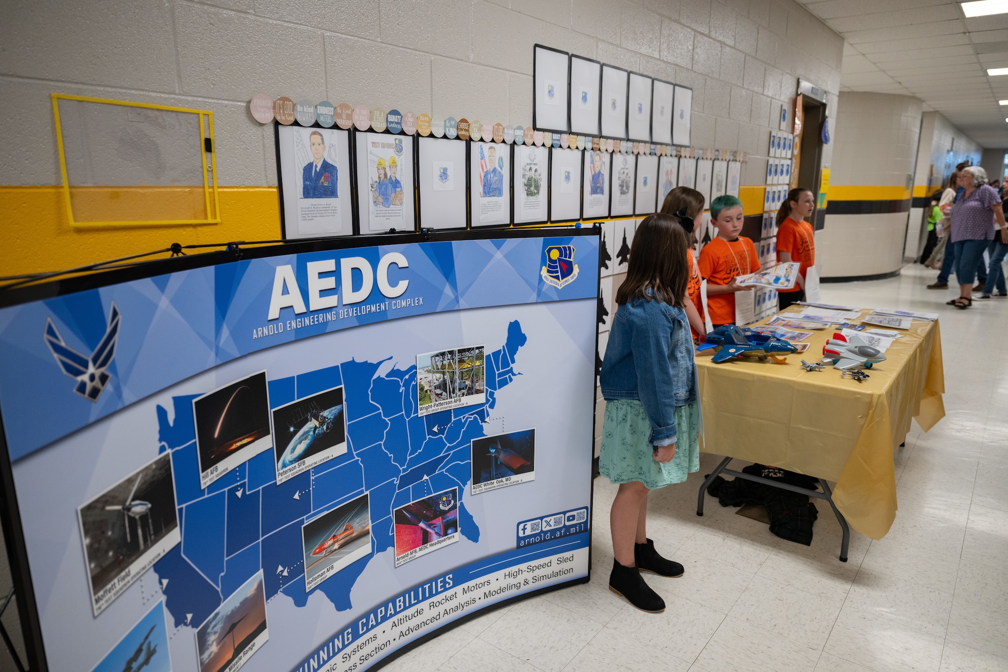 Fourth grade students at Hickerson Elementary give school visitors a brief about the Arnold Air Force Base during their first ever Meet the Heroes: Community Partner Hall of Fame event that was held at the school, April 6, 2026. The event featured the school’s students hosting interactive booths where they gave briefs about the organizations that they had toured previous to the presentation. (U.S. Air Force photo by Keith Thornburgh)