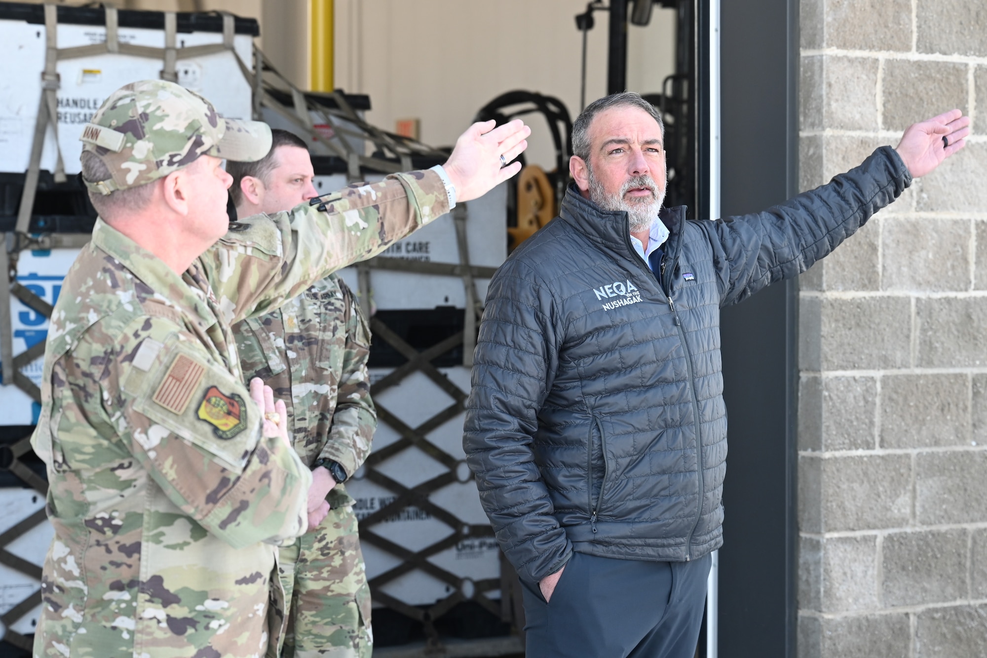 U.S Air Force Col. Lance Vann, 673d Logistics Readiness Group commander, shows Don Young Port of Alaska director Terry Umatum base capabilities while conducting a tour on Joint Base Elmendorf-Richardson, Alaska, April 3, 2026. Umatum was given a tour of energy capabilities across JBER to develop a deeper understanding of the relationship between the installation and the port. (U.S. Air Force photo by Airman 1st Class Eli A. Rose)