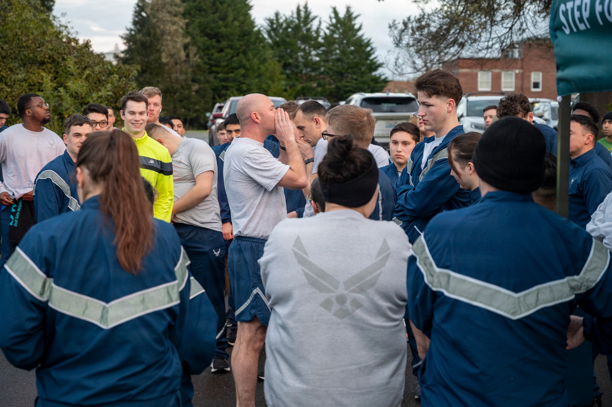 U.S. Air Force Col. John Berger, 62d Airlift Wing deputy commander, gives his remarks before the start of the Sexual Assault Awareness and Prevention Month Glow Run 5K at Joint Base Lewis-McChord, Washington, April 2, 2025.