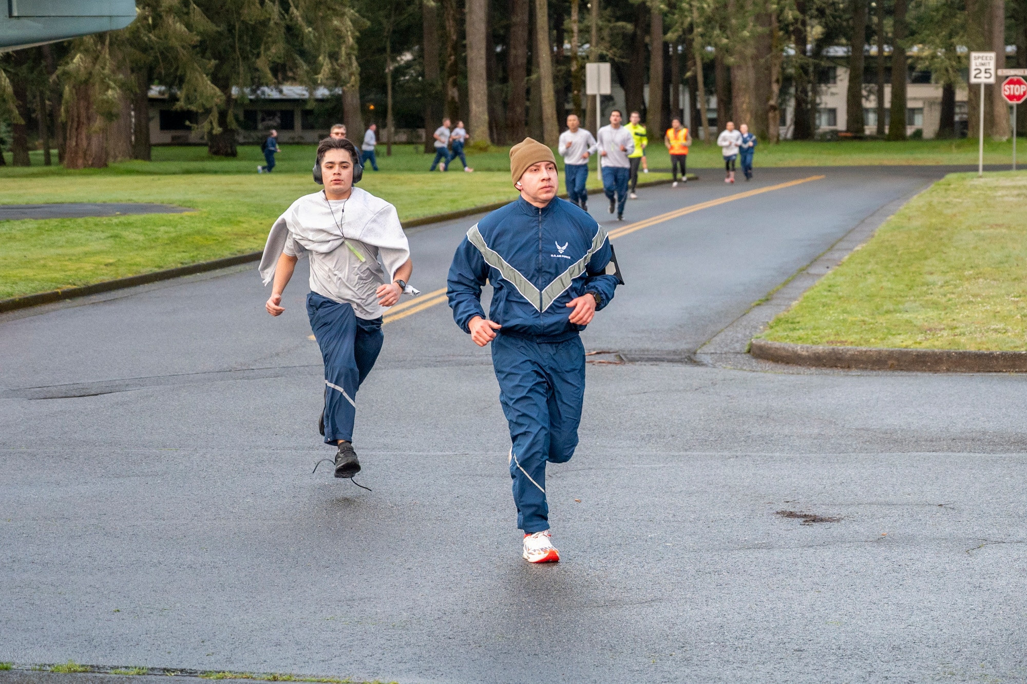 Sexual Assault Awareness and Prevention Month Glow Run 5K participants near the finish line at Joint Base Lewis-McChord, Washington, April 2, 2025.