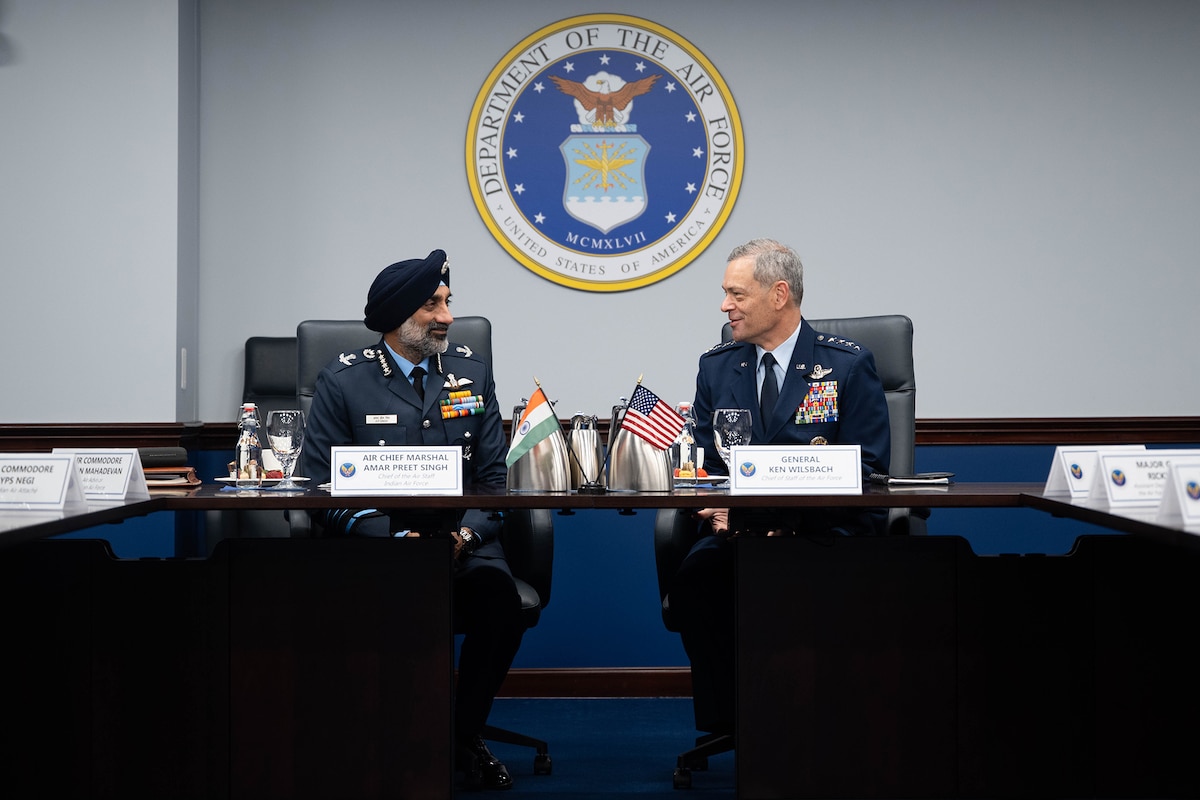 U.S. Air Force Chief of Staff Gen. Kenneth Wilsbach holds a meeting in honor of India Air Chief Marshal Amar Preet Singh in the Pentagon, Arlington, Va., Aprl 8, 2026. The two leaders met to discuss mutual aid and plans for a productive future for both countries. (U.S. Air Force photo by SSgt. Anthony Nin Leclerec)