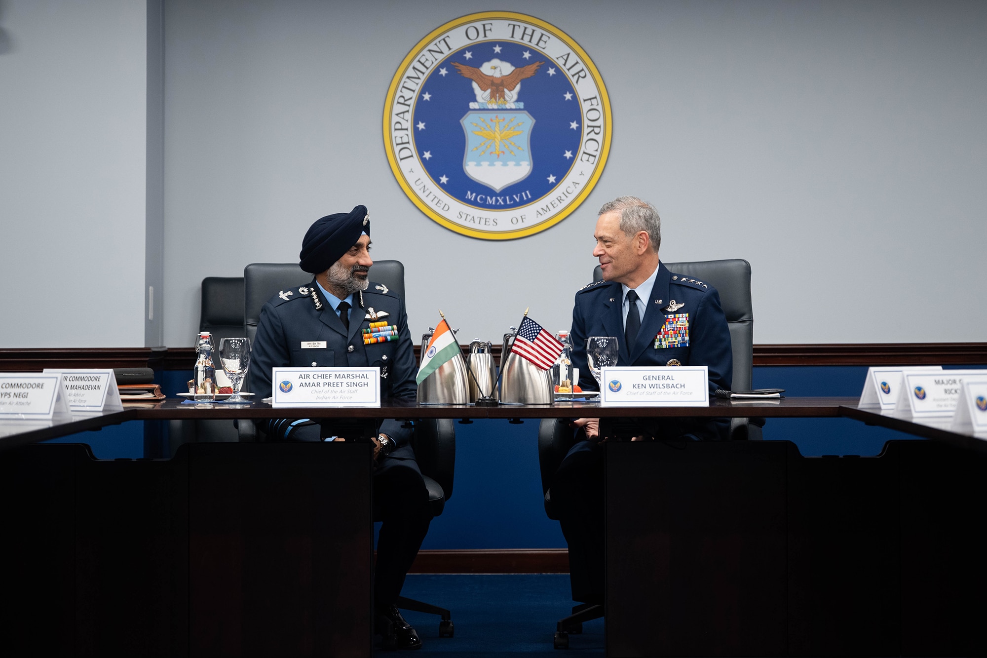 U.S. Air Force Chief of Staff Gen. Kenneth Wilsbach holds a meeting in honor of India Air Chief Marshal Amar Preet Singh in the Pentagon, Arlington, Va., Aprl 8, 2026. The two leaders met to discuss mutual aid and plans for a productive future for both countries. (U.S. Air Force photo by SSgt. Anthony Nin Leclerec)