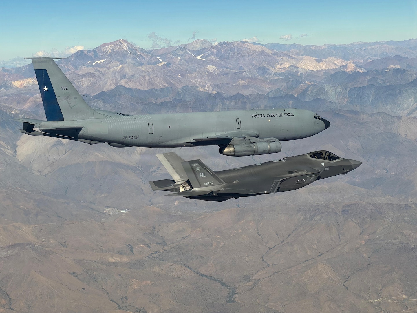 A Chilean air force KC-135E Stratotanker and U.S. Air Force F-35A Lightning II fly in Chilean airspace April 5, 2026. The aircraft completed the first-ever in-flight refueling with a Chilean tanker while enroute to Feria Internacional del Aire y del Espacio (FIDAE) 2026. (Courtesy photo)