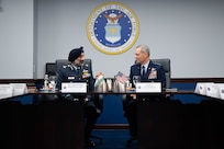 U.S. Air Force Chief of Staff Gen. Kenneth Wilsbach holds a meeting in honor of India Air Chief Marshal Amar Preet Singh in the Pentagon, Arlington, Va., Aprl 8, 2026. The two leaders met to discuss mutual aid and plans for a productive future for both countries. (U.S. Air Force photo by SSgt. Anthony Nin Leclerec)