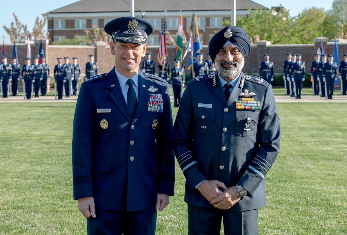 Air Force Chief of Staff Gen. Ken Wilsbach and Chief Master of the Air Force David Wolfe greet Indian Air Force Chief of the Air Staff Air Chief Marshal Omar Preet Singh at Joint Base Anacostia Bolling, Washington D.C., April 8, 2026. (Photo by Chad Trujillo)