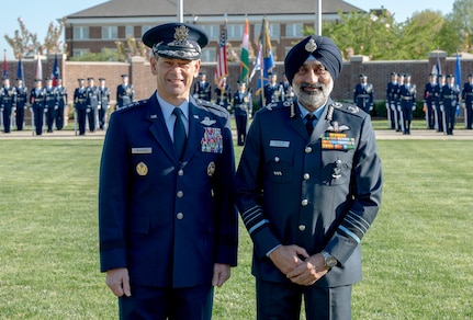 Air Force Chief of Staff Gen. Ken Wilsbach and Chief Master of the Air Force David Wolfe greet Indian Air Force Chief of the Air Staff Air Chief Marshal Omar Preet Singh at Joint Base Anacostia Bolling, Washington D.C., April 8, 2026. (Photo by Chad Trujillo)