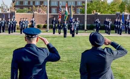 Air Force Chief of Staff Gen. Ken Wilsbach and Chief Master of the Air Force David Wolfe greet Indian Air Force Chief of the Air Staff Air Chief Marshal Omar Preet Singh at Joint Base Anacostia Bolling, Washington D.C., April 8, 2026. (U.S. Air Force photo by Chad Trujillo)