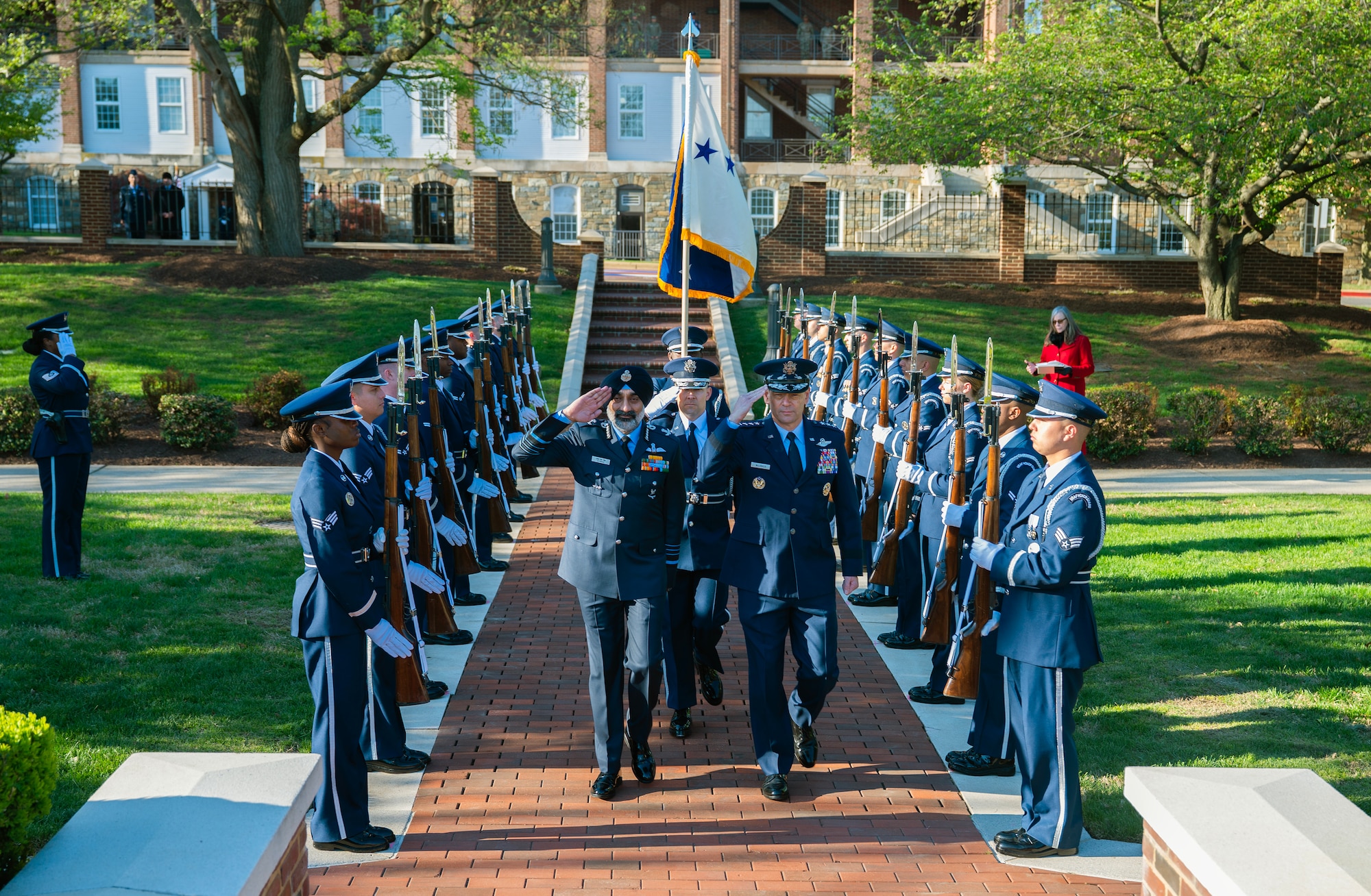 Air Force Chief of Staff Gen. Ken Wilsbach and Chief Master of the Air Force David Wolfe greet Indian Air Force Chief of the Air Staff Air Chief Marshal Omar Preet Singh at Joint Base Anacostia Bolling, Washington D.C., April 8, 2026. (U.S. Air Force photo by Chad Trujillo)