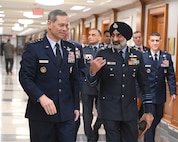 Air Force Chief of Staff Gen. Kenneth Wilsbach hosts a meeting in honor of India Air Chief Marshal Amar Preet Singh in the Pentagon, Arlington, Va., April 8, 2026. The two leaders met to discuss mutual aid and plans for a productive future for both countries. (U.S. Air Force photo by Andy Morataya)