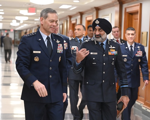 Air Force Chief of Staff Gen. Kenneth Wilsbach hosts a meeting in honor of India Air Chief Marshal Amar Preet Singh in the Pentagon, Arlington, Va., April 8, 2026. The two leaders met to discuss mutual aid and plans for a productive future for both countries. (U.S. Air Force photo by Andy Morataya)