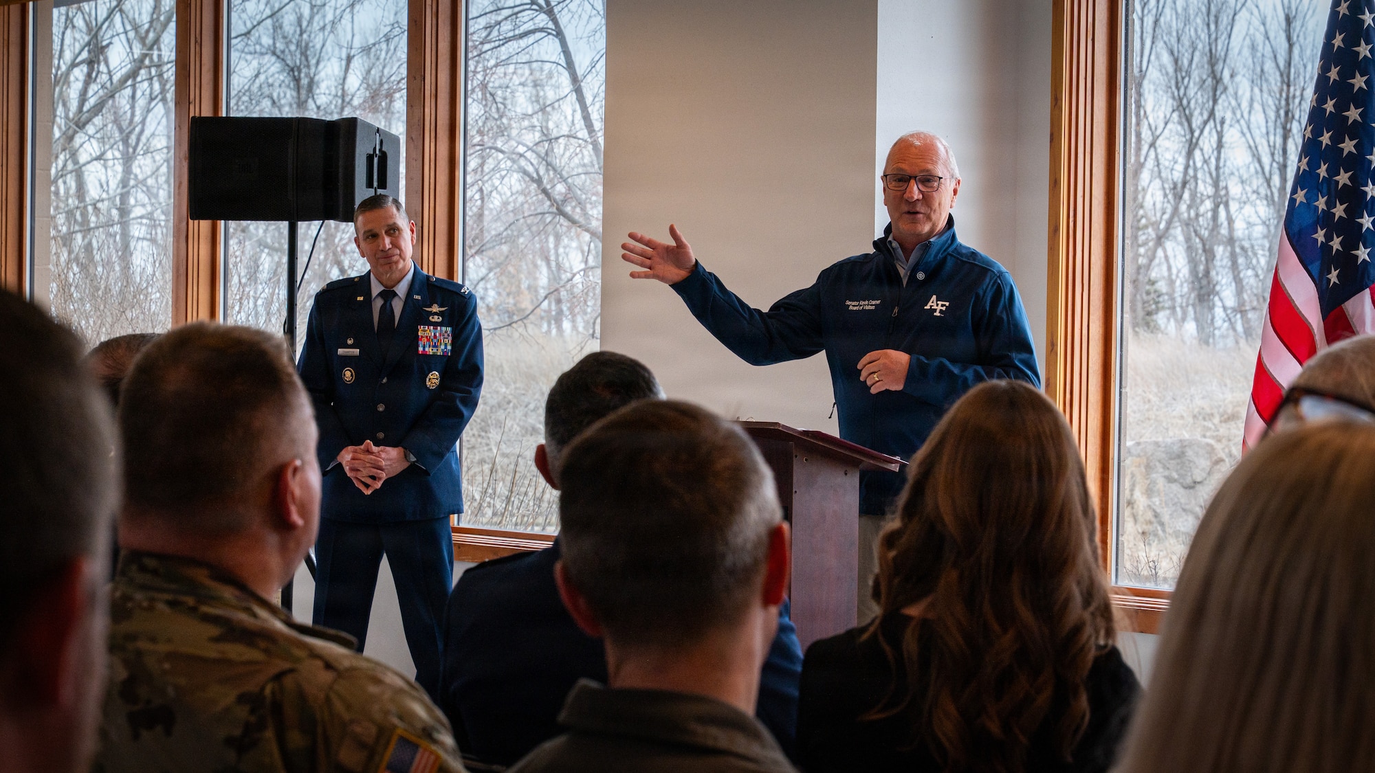 Sen. Kevin Cramer, R-N.D., speaks during a Point Defense Battle Lab ribbon cutting ceremony at Grand Forks Air Force Base, North Dakota, April 9, 2026.