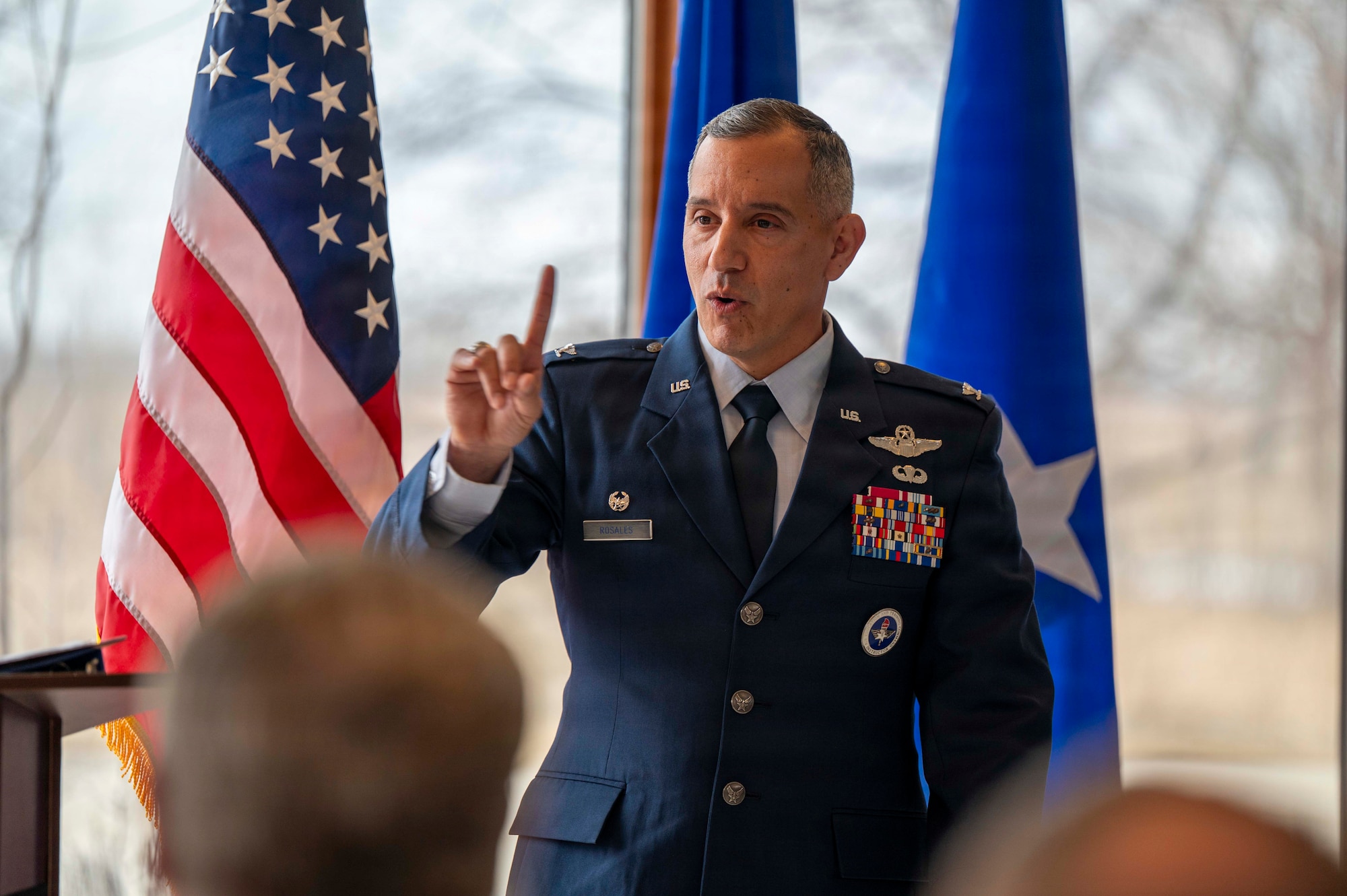 Col. Alfred Rosales, 319th Reconnaissance Wing commander, delivers remarks about the importance of the Point Defense Battle Lab during a ribbon cutting at Grand Forks Air Force Base, North Dakota, April 9, 2026.