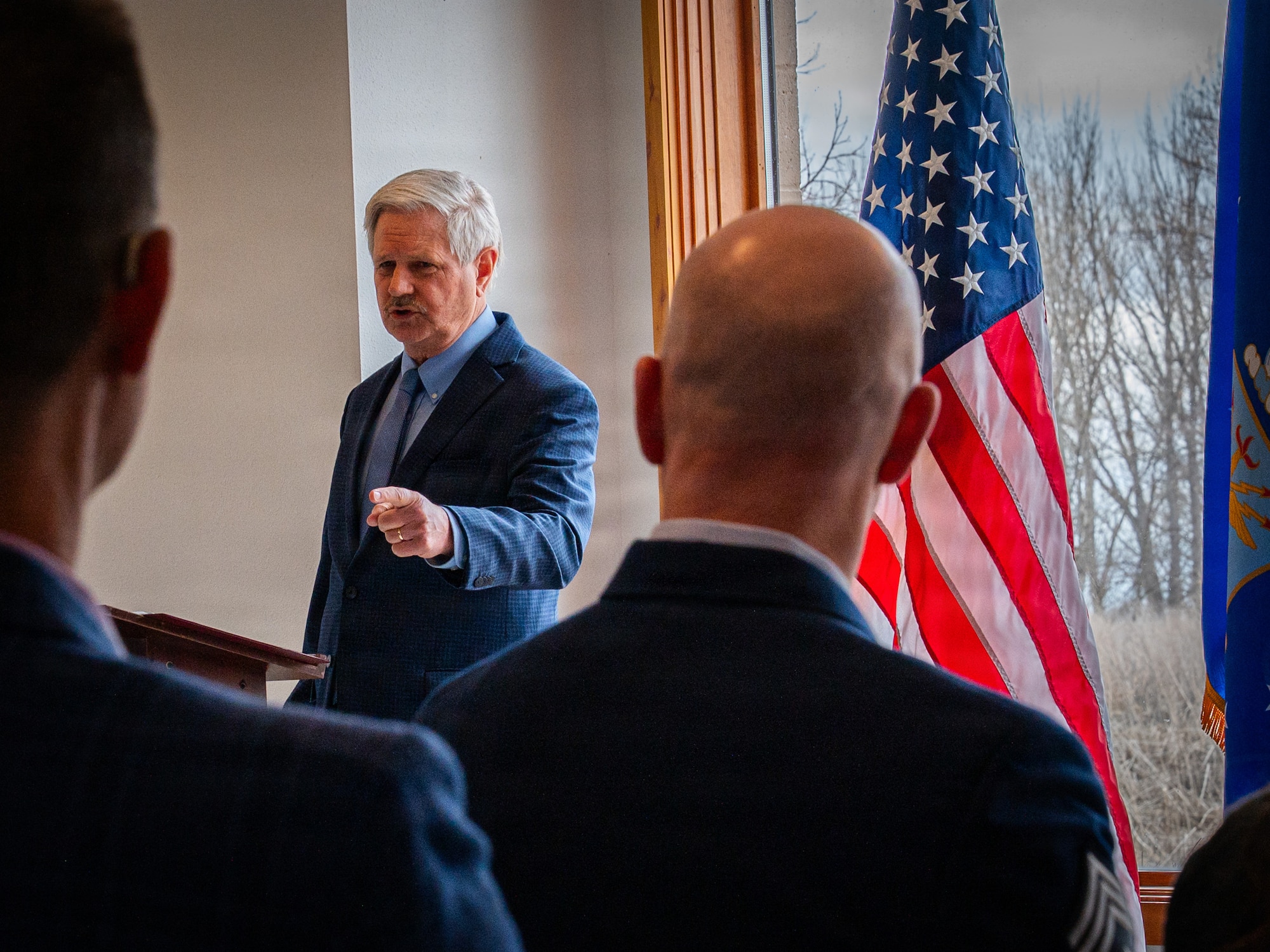 Sen. John Hoeven, R-N.D., speaks during a Point Defense Battle Lab ribbon cutting ceremony at Grand Forks Air Force Base, North Dakota, April 9, 2026.