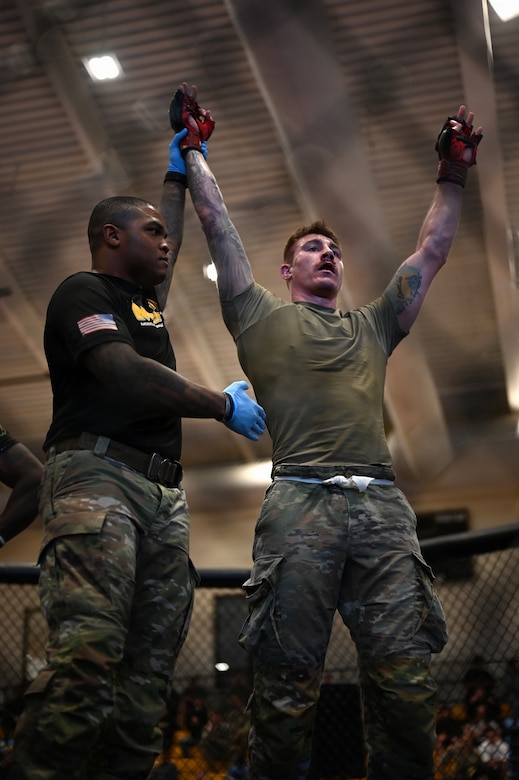 U.S. Army Sgt. Jeremiah Slagle (right), Ohio Army National Guard, competes in the finals during day three of the 2026 Lacerda Cup All-Army Combatives Championship at Fort Benning, Ga. Apr. 10, 2026. The two Army National Guard teams finished the tournament with third and sixth place team standings out of twenty-one teams competing, with three National Guard Soldiers earning championship belts. (U.S. Army National Guard photo by Sgt. 1st Class Shane Smith)