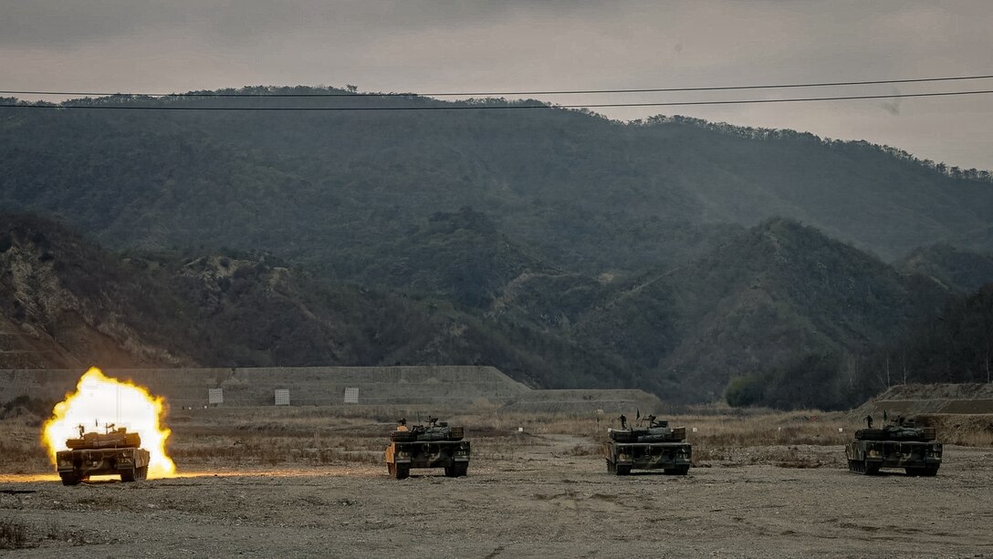 Republic of Korea Marine Corps tanks fire after rehearsing squad attacks during the Korean Marine Exchange Program 26.1 on Suseong-Ri, Pohang, South Korea, April 1, 2026.