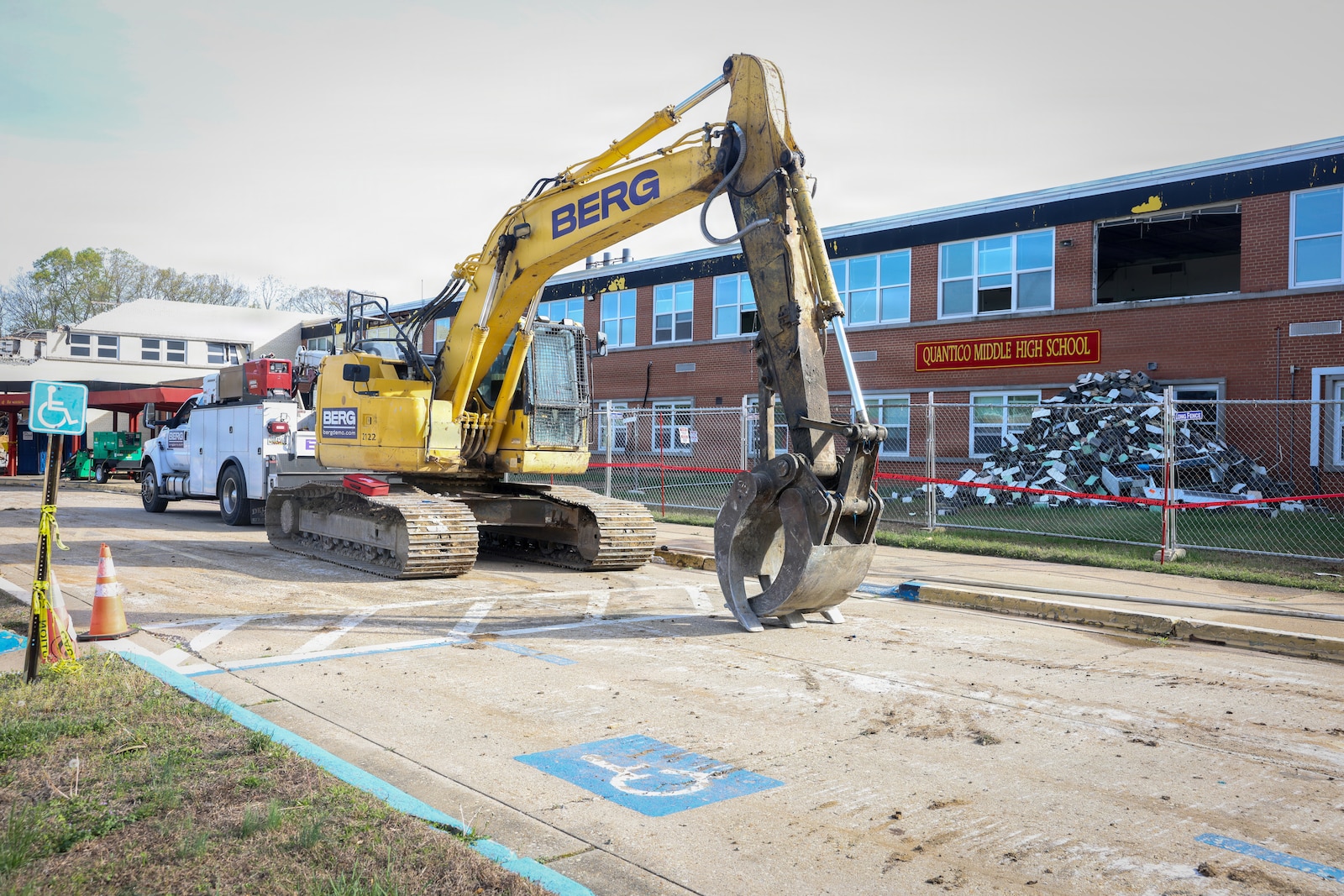The Quantico Middle-Highschool undergoes demolition following the construction of its new building. The Quantico Middle/High School is the main public secondary school on MCB Quantico, focusing on preparing students for college and career readiness through engaging instructional strategies and a variety of extracurricular activities. (U.S. Marine Corps photo by Lance Cpl. Jeffery Stevens)