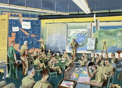 In the fall of 1962, the Soviet Union began construction on ballistic missile launch sites in Cuba. The United States responded with a naval blockade. For thirteen days, the fear of impending nuclear war continued until an agreement was reached for the removal of the weapons. Painting, watercolor on paper; by Richard Genders; 1962. U.S. Navy photo by Naval History and Heritage Command. 

SSP is the Navy command responsible for sustaining the Navy’s SWS on the Ohio-class SSBN and supporting the integration of the D5LE weapon system on the new Columbia-class SSBNs. Looking to the future, SSP is actively modernizing the sea-based leg of the nuclear triad through development of the D5LE2 SWS and pioneering regional strike capabilities of the future through development of the nuclear-armed sea launched cruise missile (SLCM-N) and the non-nuclear hypersonic conventional prompt strike system (CPS).