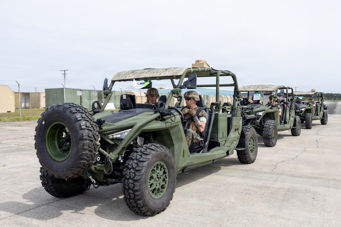 U.S. Marines with 2nd Low Altitude Air Defense Battalion, Marine Aircraft Group 28, 2nd Marine Aircraft Wing, prepare to move new Ultra Light Tactical Vehicles at Marine Corps Air Station Cherry Point, North Carolina, April 7, 2026. The arrival of the ULTVs and Light Marine Air Defense Integrated Systems provides improved ground-based air defense weapon systems to 2nd LAAD, further enhancing 2nd MAW’s ability to degrade the threat of enemy small unmanned aerial systems. (U.S. Marine Corps photo by Lance Cpl. Donovan Pimentel)