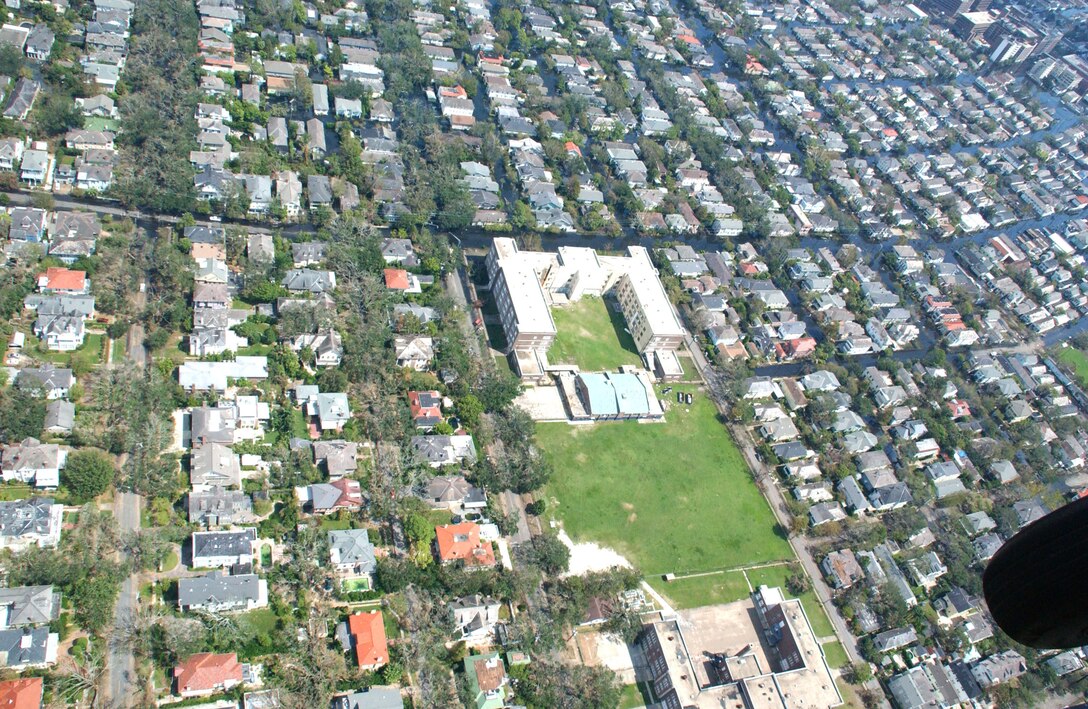 Aerial View of the city of New Orleans, water is seen where streets should be.