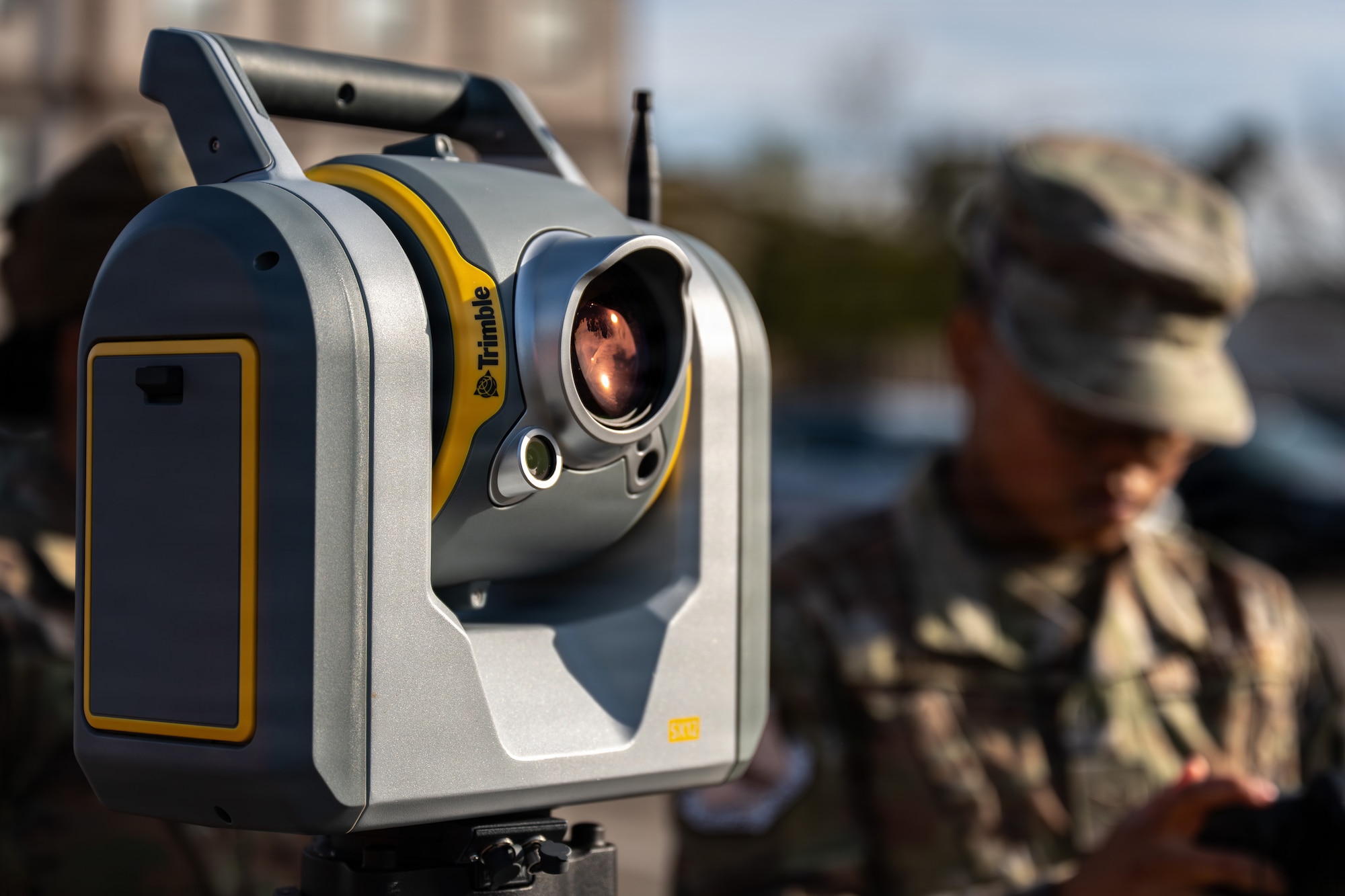 U.S. Air Force Airmen set up the Trimble SX12 surveying robot at Ramstein Air Base, Germany, April 9, 2026.