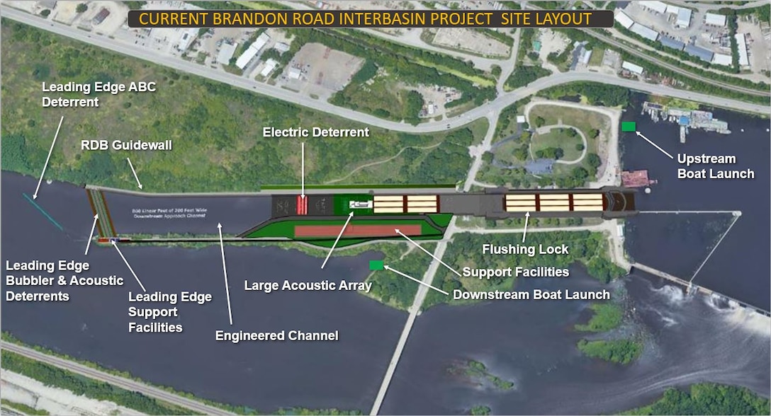 Aerial view of Brandon Road Lock and Dam construction site.