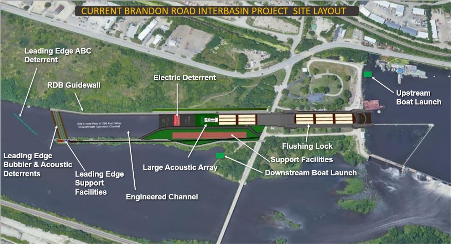 Aerial view of Brandon Road Lock and Dam construction site.