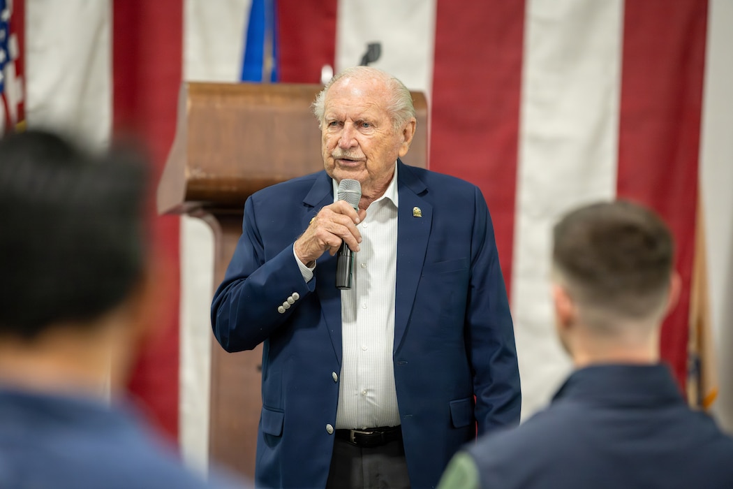 Travis Golden Bear speaks at the Honorary Commander immersion tour.