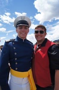 Then, U.S. Air Force Cadet Capt. Jeremy Delzer, left, and his brother, Johnathan Delzer, right, pose for a photo at the U.S. Air Force Academy, Colorado Springs, Colorado, in May of 2015. Johnathan attended the Southwest Technology Center with a focus in aviation, working as a tools and parts attendant in the 97th Maintenance Group before becoming a U.S. Air Force KC-46 Pegasus aircraft electrician. (Courtesy photo)