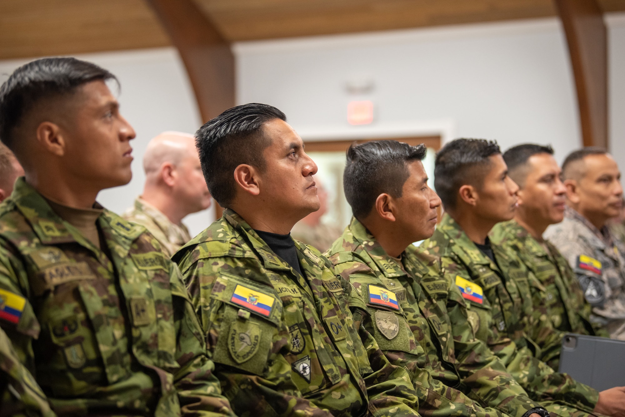 Members of the Ecuadorian armed forces attend a briefing on the capabilities of the Kentucky National Guard’s 41st Weapons of Mass Destruction Civil Support Team at the Kentucky Air National Guard Base in Louisville, Ky., March 9, 2026. The Ecuadorians were visiting as part of the National Guard Bureau State Partnership Program to learn more about the Kentucky Guard’s emergency-response capabilities and interagency cooperation across the state, and to share their own techniques for responding to emergency contingencies. (U.S. Air National Guard photo by Phil Speck)