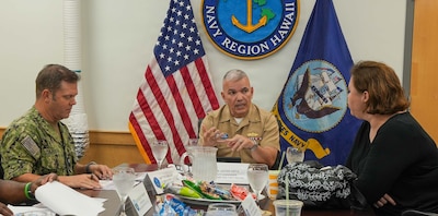 Rear Admiral Lester Ortiz, deputy commander, Navy Closure Task Force-Red Hill (NCTF-RH), provides an update on the decommissioning of the Red Hill Bulk Fuel Storage Facility (RHBFSF) to Ms. Coti-Lynne Haia, chief of staff for U.S. Sen. Mazie Hirono, in Honolulu, Apr. 6, 2026. Charged with the safe decommissioning of the facility, NCTF-RH was established by the Department of the Navy as a commitment to the community and the environment. NCTF-RH continues to engage with the people of Hawaii, regulatory agencies, and other stakeholders as it safely and deliberately decommissions the facility. (U.S. Navy photo by Mass Communication Specialist 1st Class Glenn Slaughter)