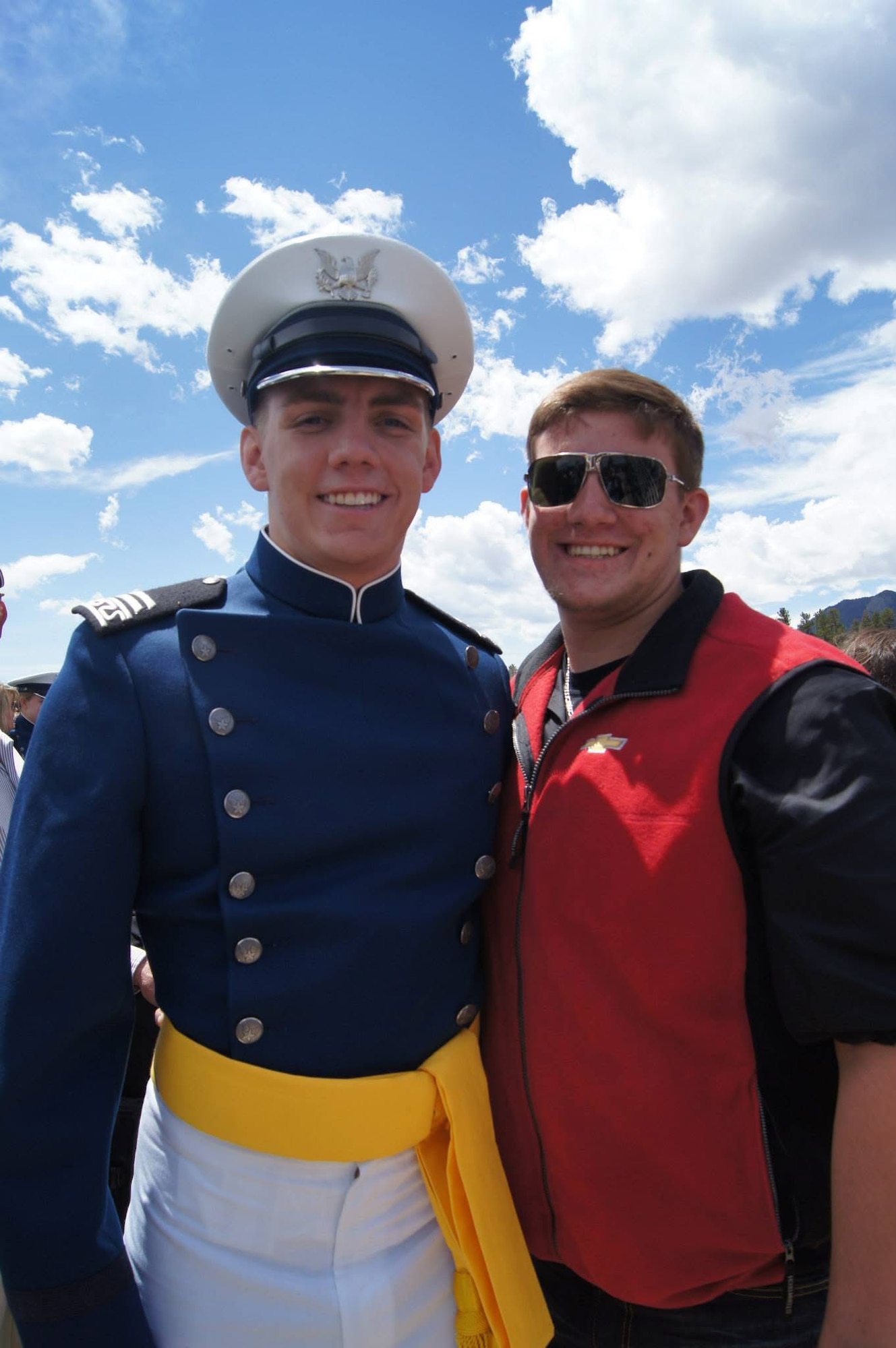 Then, U.S. Air Force Cadet Capt. Jeremy Delzer, left, and his brother, Johnathan Delzer, right, pose for a photo at the U.S. Air Force Academy, Colorado Springs, Colorado, in May of 2015. Johnathan attended the Southwest Technology Center with a focus in aviation, working as a tools and parts attendant in the 97th Maintenance Group before becoming a U.S. Air Force KC-46 Pegasus aircraft electrician. (Courtesy photo)