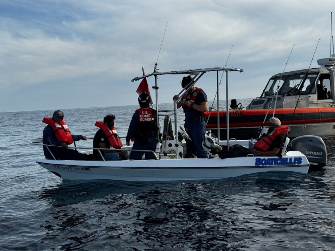 A Coast Guard boarding team assigned to the 87-foot Marine Protector-Class Coast Guard Cutter Narwhal (WPB-87335) conducts a boarding of a suspected alien-smuggling vessel near Point Loma, California, April 9, 2026. During the boarding, three suspected aliens were identified, all claiming Mexican nationality. (U.S. Coast Guard courtesy photo)
