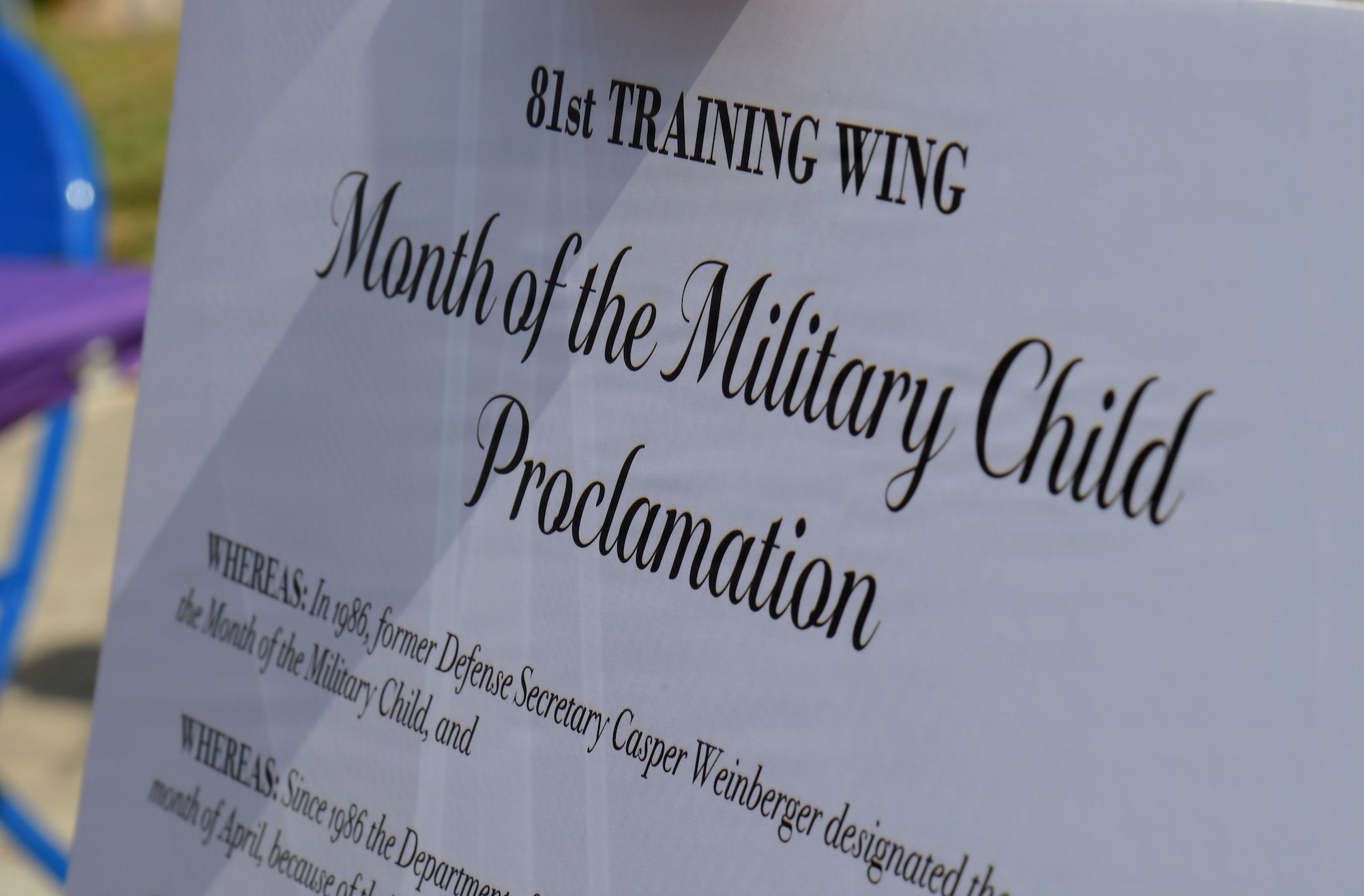 A month of the military child proclamation is on display.