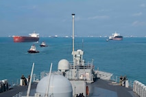 U.S. 7th Fleet flagship USS Blue Ridge (LCC 19) transits the Singapore Strait before mooring at Changi Naval Base, Singapore for a scheduled port visit, April 3, 2026.