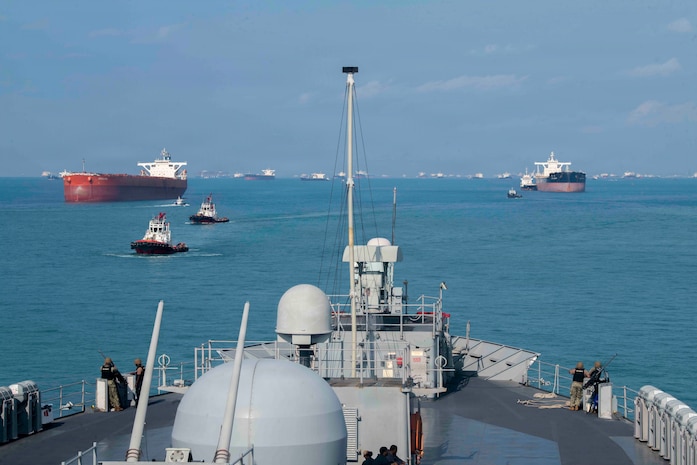 U.S. 7th Fleet flagship USS Blue Ridge (LCC 19) transits the Singapore Strait before mooring at Changi Naval Base, Singapore for a scheduled port visit, April 3, 2026.