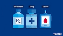 "Treatment," "Drug," and "Device" above graphics of two medicine containers and a blood bag. "TRICARE" in the bottom right corner.