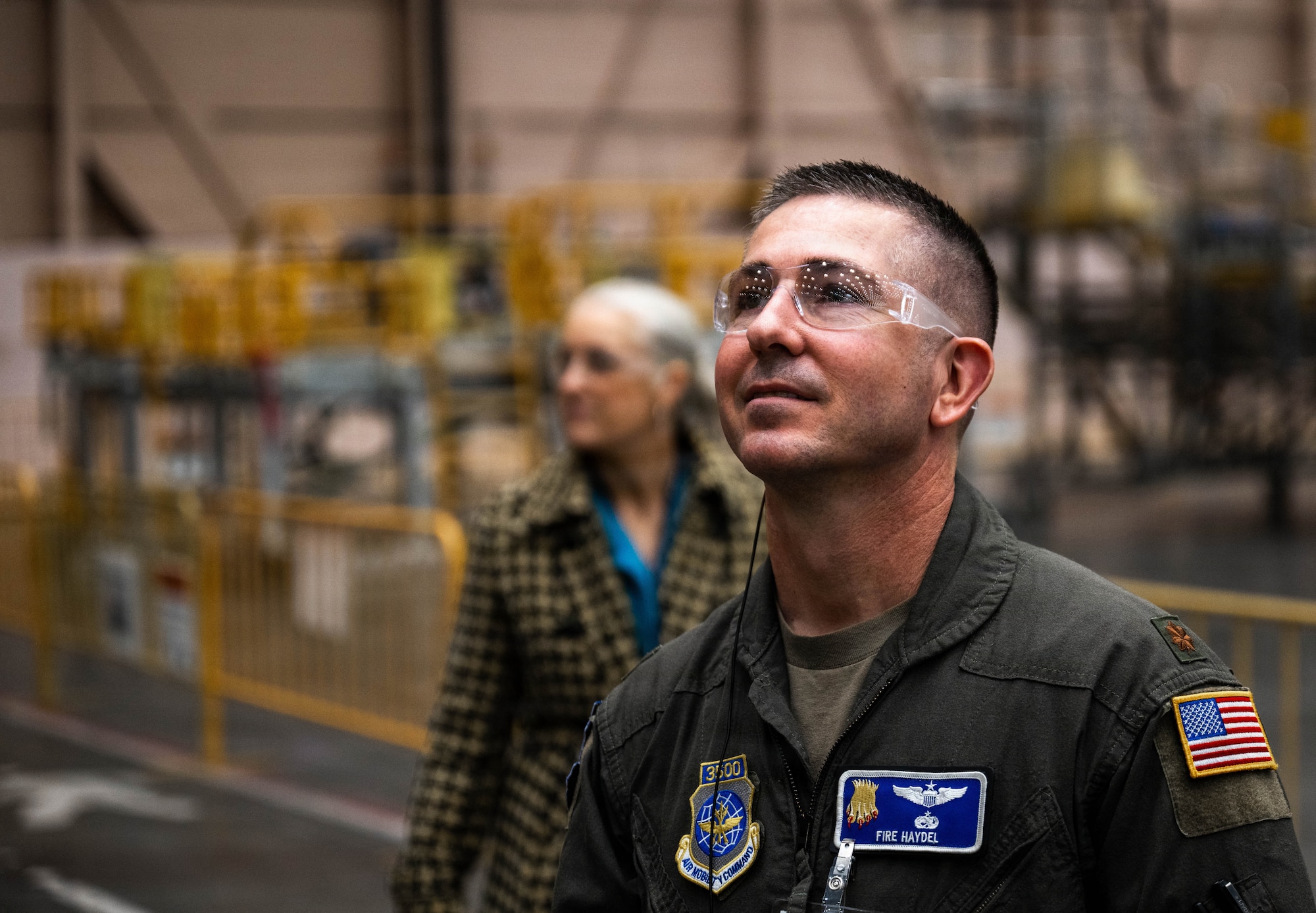 Maj. Kyle Haydel, 22nd Operations Group KC-46A Pegasus pilot, observes operations at the Boeing factory in Everett, Washington, April 2, 2026. McConnell Airmen had the opportunity to tour the factory before delivering a new KC-46A Pegasus to McConnell Air Force Base, Kansas. (U.S. Air Force photo by Airman 1st Class Patrick O’Neill)