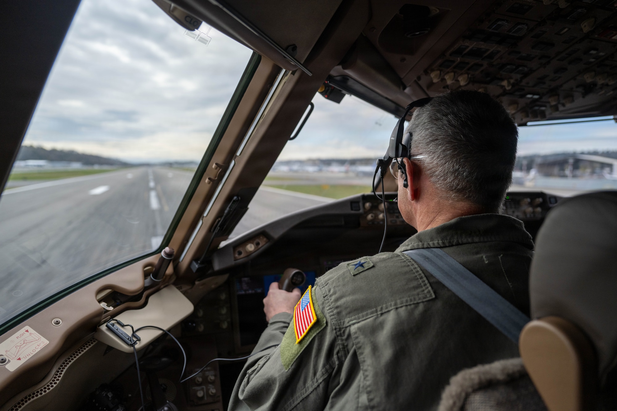 Brig. Gen. Corey Simmons, U.S. Transportation Command director of operations, takes-off in a KC-46A Pegasus in Everett, Washington, April 3, 2026. Simmons flew the jet to Travis Air Force Base, California before being delivered to McConnell Air Force Base, Kansas. (U.S. Air Force photo by Airman 1st Class Patrick O’Neill)