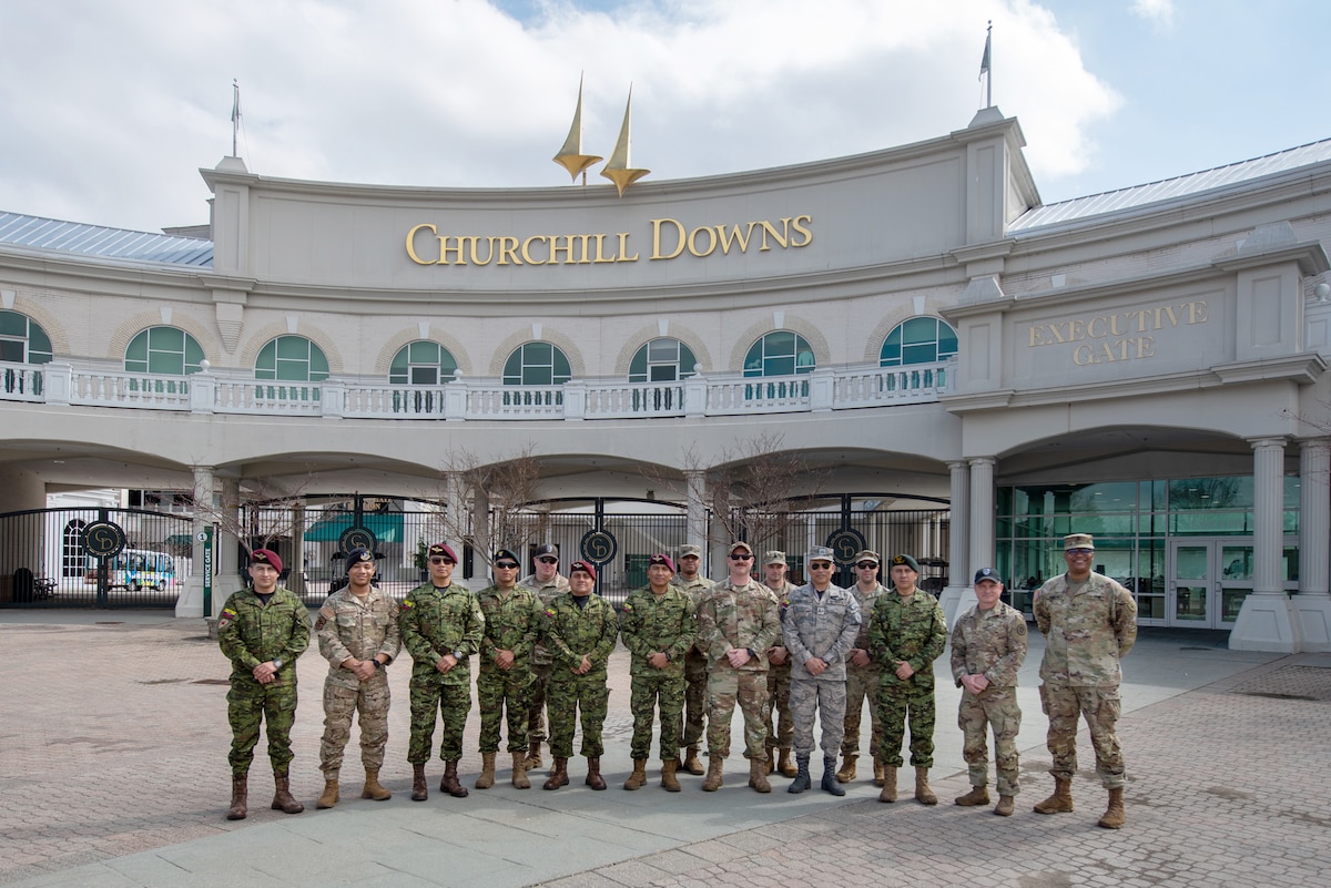 Members of the Ecuadorian military and the Kentucky National Guard’s 41st Weapons of Mass Destruction Civil Support Team visit Churchill Downs Racetrack in Louisville, Ky,. as part of an emergency-response capabilities demonstration March 10, 2026. The Ecuadorians were there to learn more about the Kentucky Guard’s mission and interagency cooperation across the state, and to share their own techniques for responding to emergency contingencies. (U.S. Air National Guard photo by Phil Speck)