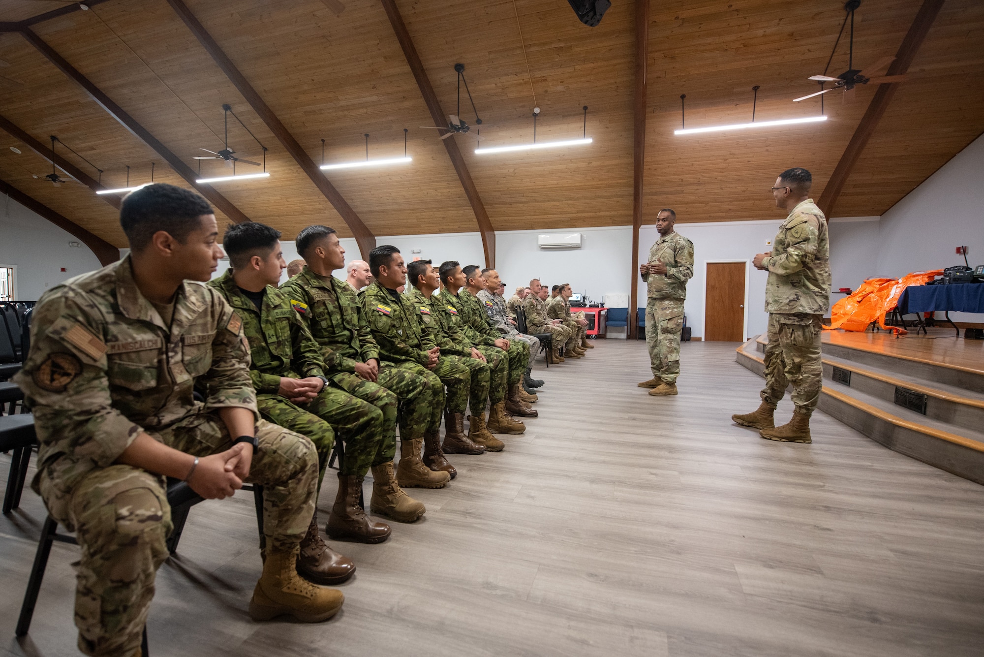 U.S. Army Maj. Eric Green, director of the Kentucky National Guard State Partnership Program, welcomes members of the Ecuadorian military to Louisville, Ky., March 9, 2026. The Ecuadorians were visiting to learn more about the Kentucky Guard’s emergency-response capabilities and interagency cooperation across the state, and to share their own techniques for responding to emergency contingencies. (U.S. Air National Guard photo by Phil Speck)