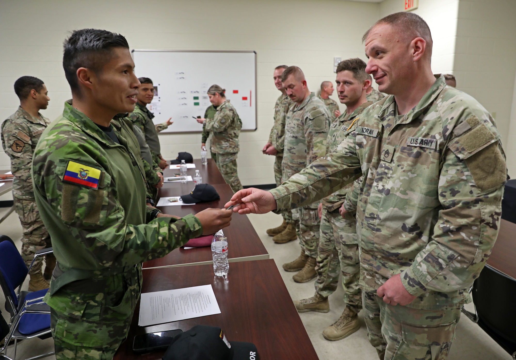 Ecuadorian Army soldiers participate in a State Partnership Program visit with the Kentucky Army National Guard’s 103rd Chemical Battalion at the unit’s readiness center in Burlington, Ky., March 12, 2026. The visit provided an opportunity for partner forces to exchange knowledge, strengthen professional relationships and enhance cooperation between the two militaries. (U.S. Army National Guard photo by Sgt. 1st Class Benjamin Crane)