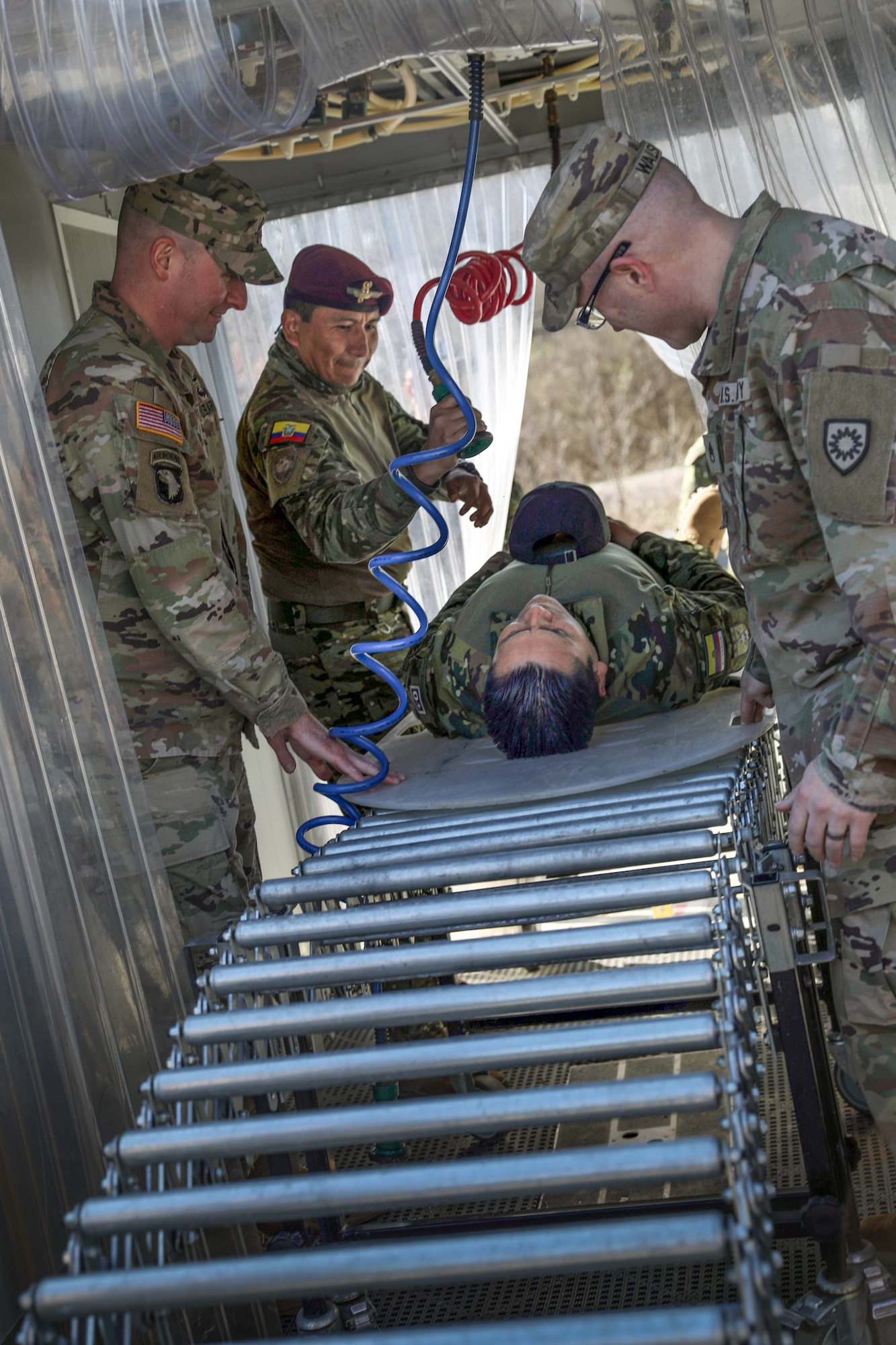 Ecuadorian Army soldiers participate in a State Partnership Program visit with the Kentucky Army National Guard’s 103rd Chemical Battalion at the unit’s readiness center in Burlington, Ky., March 12, 2026. The visit provided an opportunity for partner forces to exchange knowledge, strengthen professional relationships and enhance cooperation between the two militaries. (U.S. Army National Guard photo by Sgt. 1st Class Benjamin Crane)