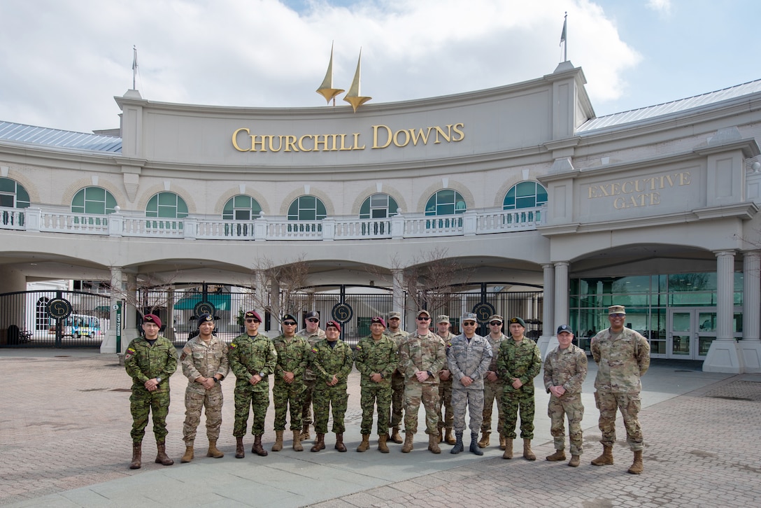 Members of the Ecuadorian military and the Kentucky National Guard’s 41st Weapons of Mass Destruction Civil Support Team visit Churchill Downs Racetrack in Louisville, Ky,. as part of an emergency-response capabilities demonstration March 10, 2026. The Ecuadorians were there to learn more about the Kentucky Guard’s mission and interagency cooperation across the state, and to share their own techniques for responding to emergency contingencies. (U.S. Air National Guard photo by Phil Speck)